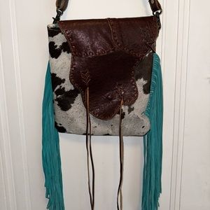 Myra over the shoulder cow hide with fringe purse